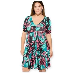 Torrid Size 1 (1X 14-16) Vibrant Teal Pink Floral Dress Puff Sleeves Ruched Bust